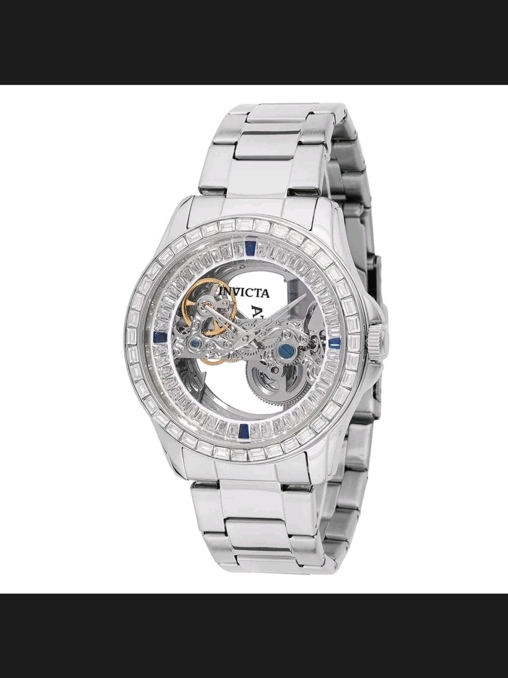 Invicta Objet D Art 43mm Silver Skeleton Dial Watch with Blue Accents
